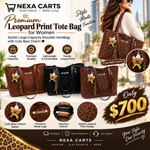 Premium Leopard Print Tote Bag for Women with Cute Bear Charm – Large-Capacity Stylish Shoulder Handbag