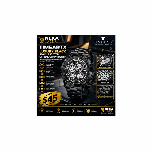 TIMEARTX Luxury Black Stainless Steel Chronograph Watch – Skeleton Dial, Moon Phase Design & Premium Metal Bracelet | Nexa Carts