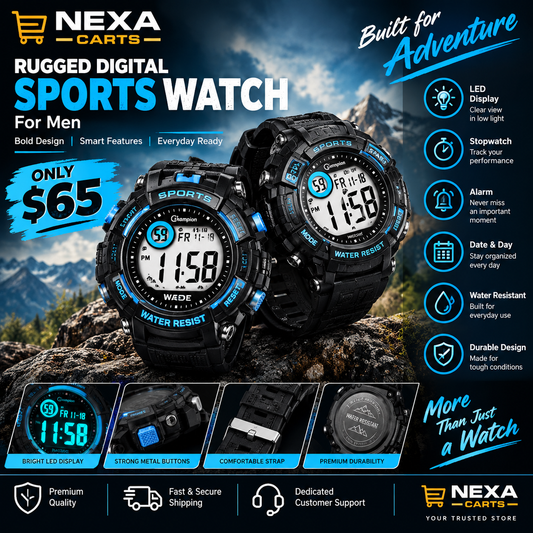 Rugged Digital Sports Watch for Men – Black & Blue Multifunction Wristwatch with LED Display, Stopwatch, Alarm & Sporty Design | Nexa Carts