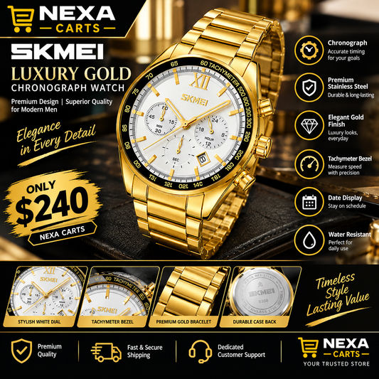 SKMEI Luxury Gold Chronograph Watch – Premium Gold Stainless Steel Bracelet, White Dial, Tachymeter Bezel & Elegant Men's Wristwatch | Nexa Carts