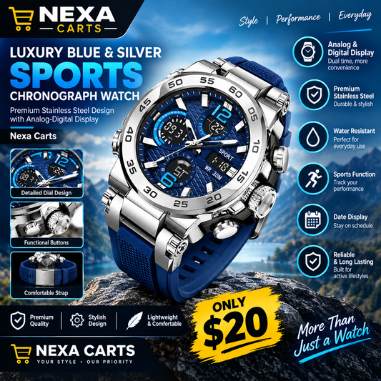 Luxury Blue & Silver Sports Chronograph Watch – Premium Stainless Steel Analog-Digital Wristwatch for Men | Nexa Carts