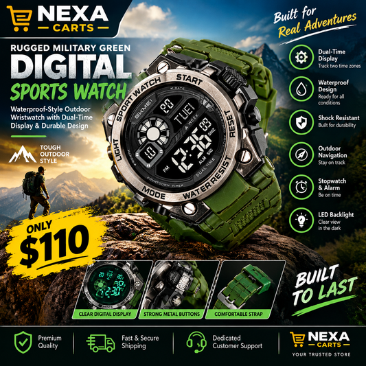 Rugged Military Green Digital Sports Watch – Durable Outdoor Wristwatch with Dual-Time Display, Stopwatch, Alarm & Sporty Design | Nexa Carts