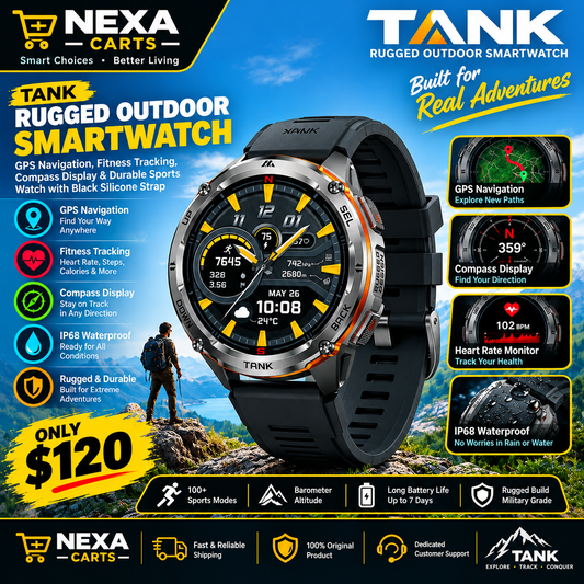 TANK Rugged Outdoor Smartwatch – GPS Navigation, Fitness Tracking, Compass Display, Heart Rate Monitor & Waterproof Sports Watch | Nexa Carts – $120